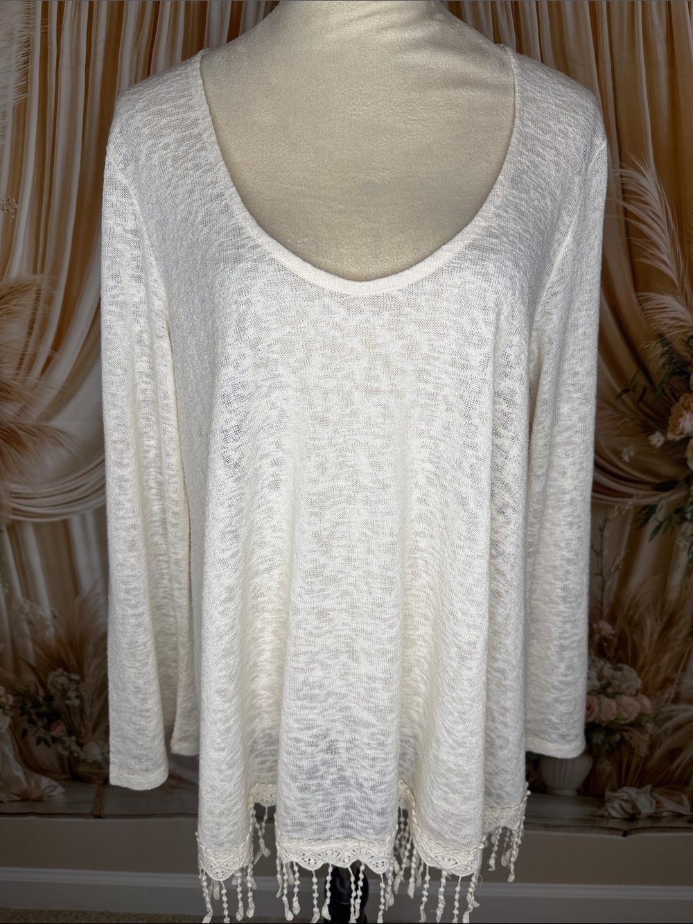 VENUS Cream Scoop Neck Knit Tunic with Beaded Fringe